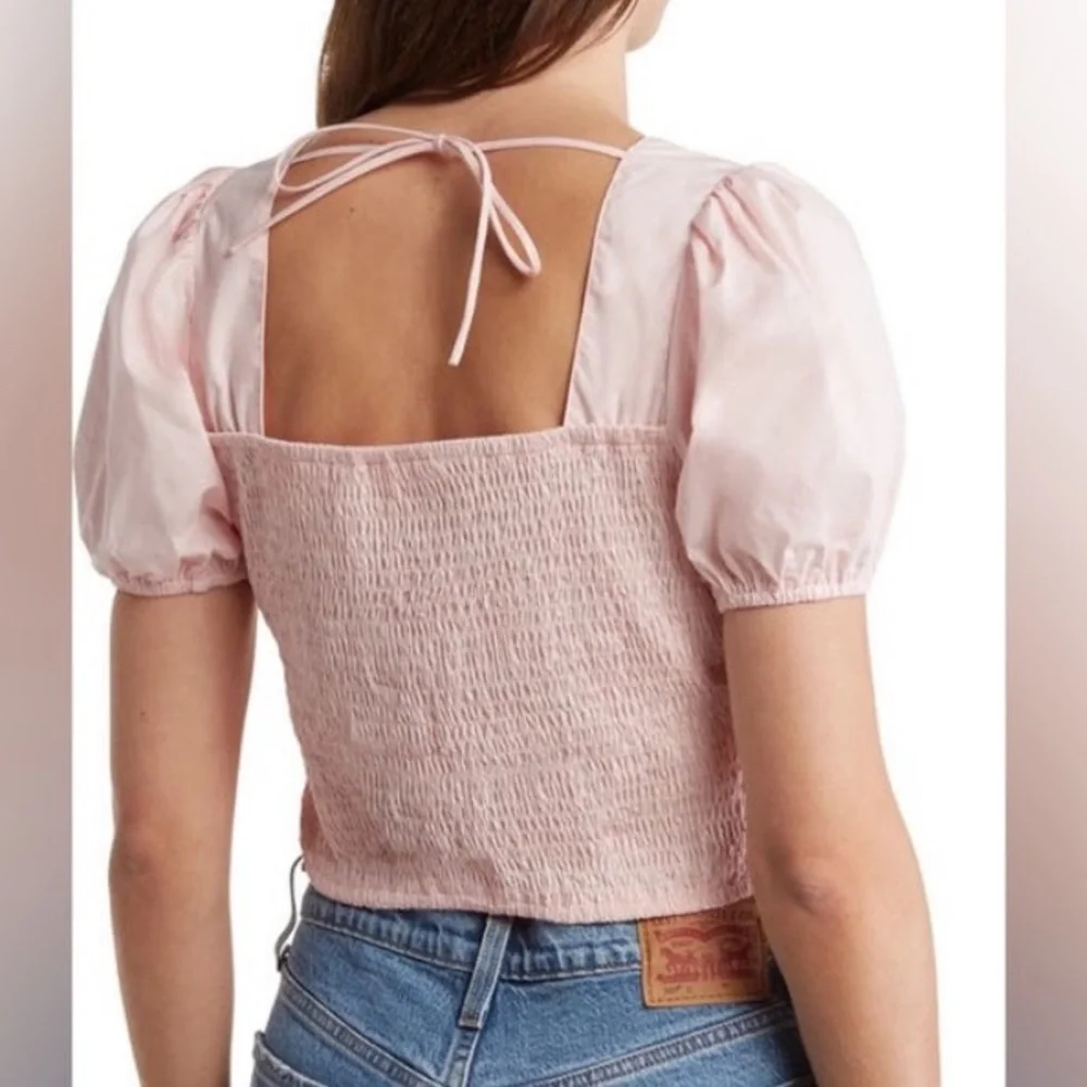 ASTR Blush Pink Puff Sleeve Crop Top Puff‎ Sleeve Smocked Poplin Blouse preppy S